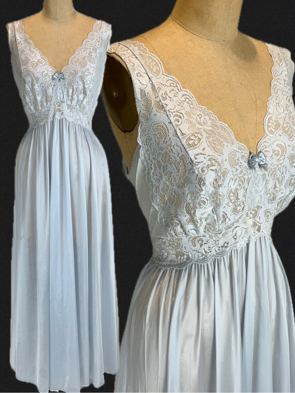 VINTAGE icy silver blue slip dress long maxi nightgown floral lace lingerie 80s